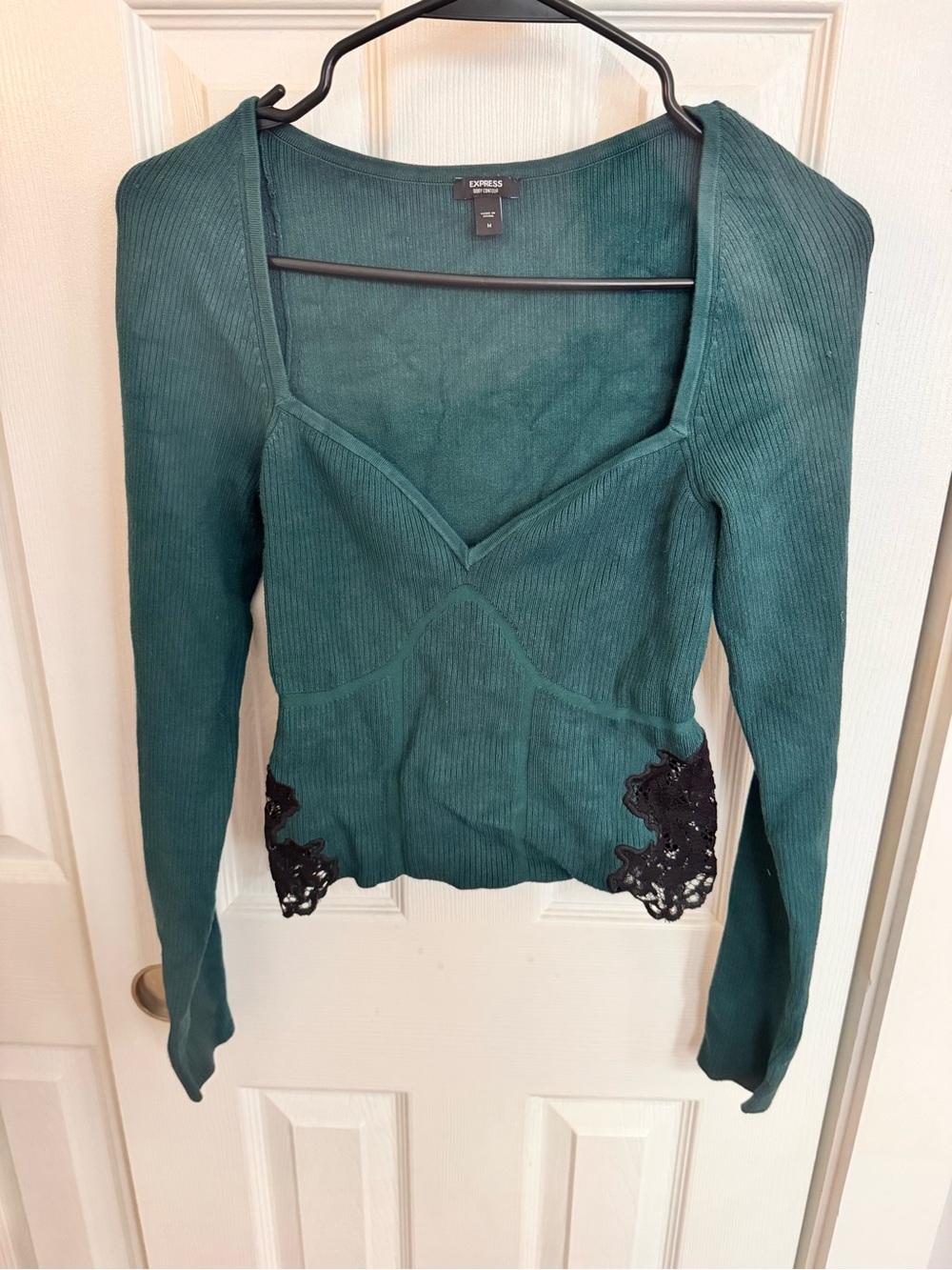 Express Teal Ribbed Long-Sleeve Top with Black Lace Accents